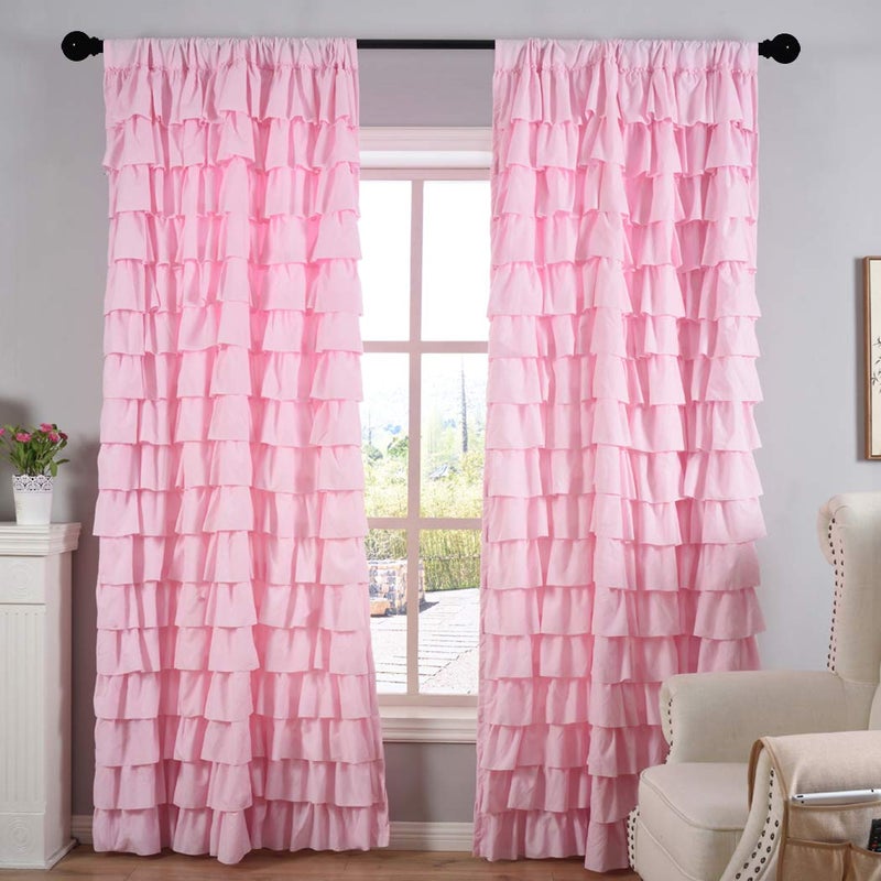 Kotile Pink Ruffle Curtain 63 Inch Length for Girls Bedroom Shabby Chic Gypsy Layered Ruffled Curtain Panel, Rod Pocket Privacy Light Filtering Ruffle Window Curtain 1 Panel, W52 x L63 Inch - Image 5